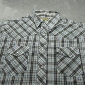 Wrangler Pearl Snap Shirt Mens XL Gray‎ Blue Plaid Rodeo Cowboy Western Country